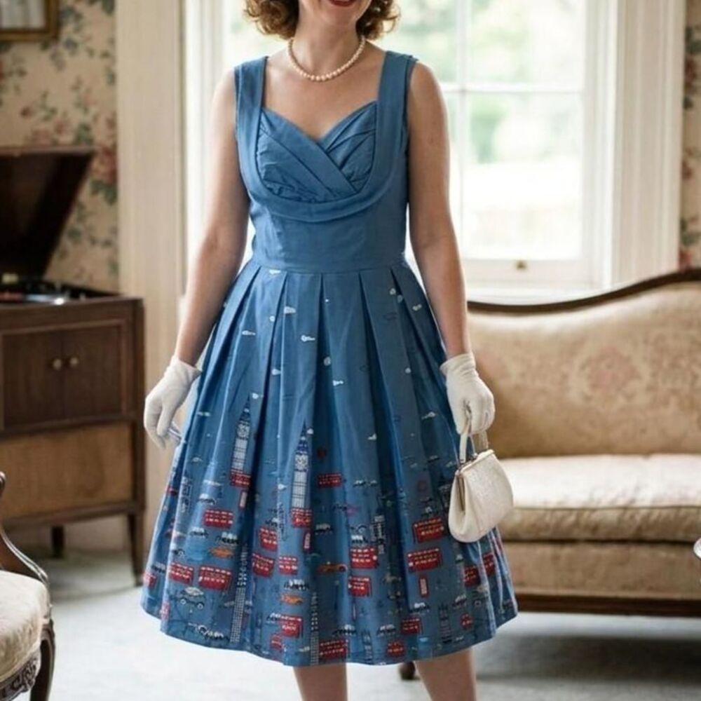 Vintage 1950s Style Cityscape Swing Dress  Size M cottagecore retro pin up flare
